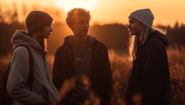 Young adults smiling walking enjoying autumn adventure generated by AI