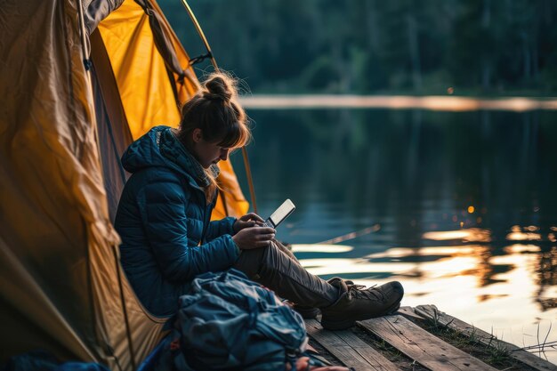 Photo young adventurer camping by the lake