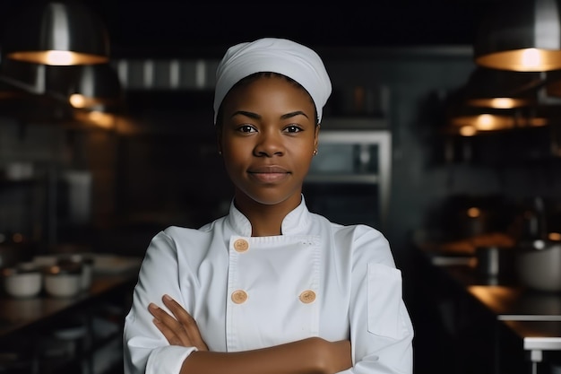 Young African American female chef in white cooking uniform