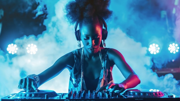 Young African American Female Dj Wearing Headphones Mixing Music In Night Club With Turntable And Mixer Nightlife Entertainment And Music Concept