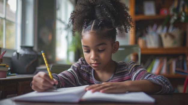 Young African American Girl Engaged in Home Learning Study Session with Books and Laptop on Desk