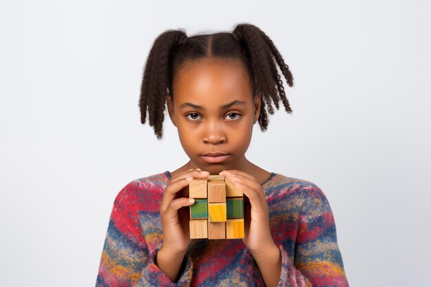 Young african american girl with wooden puzzle child mental health concept autism spectrum disorder awareness concept education on white background copy space