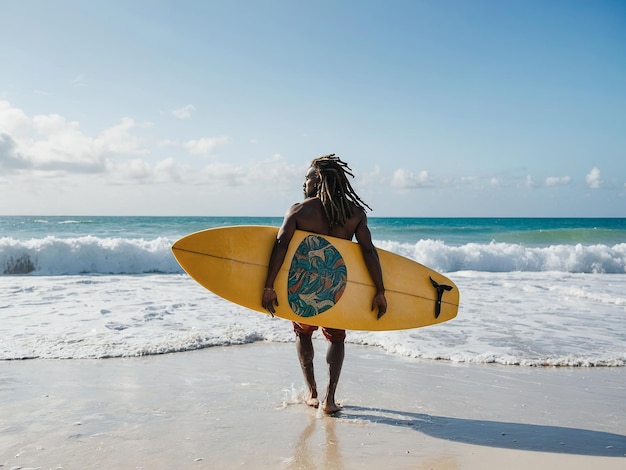 Young African American male surfer with surfboard on sandy coast near ocean