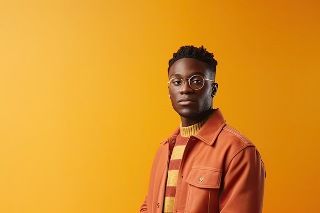 young african american man in orange jacket and glasses on yellow background