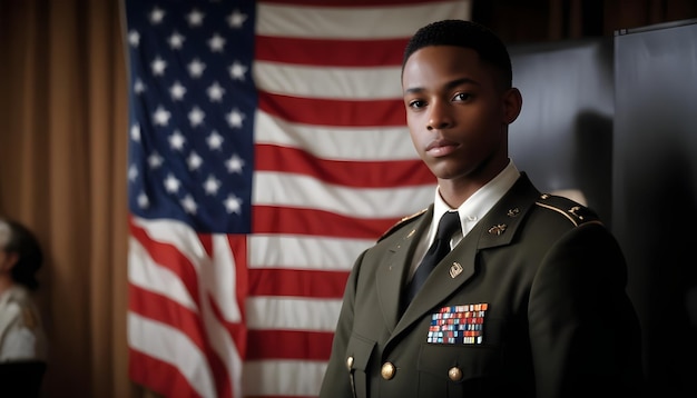 A young African American man wearing a military uniform standing in front of an American flag