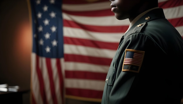 A young African American man wearing a military uniform standing in front of an American flag