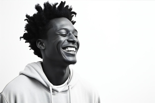 Young african american man with afro hairstyle laughing against white background