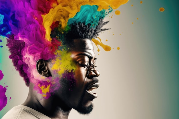 Young African American man with his head exploding in colorful paint powder