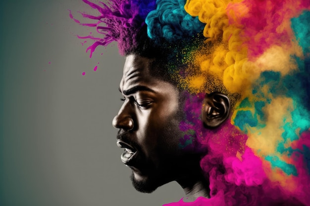 Young African American man with his head exploding in colorful paint powder