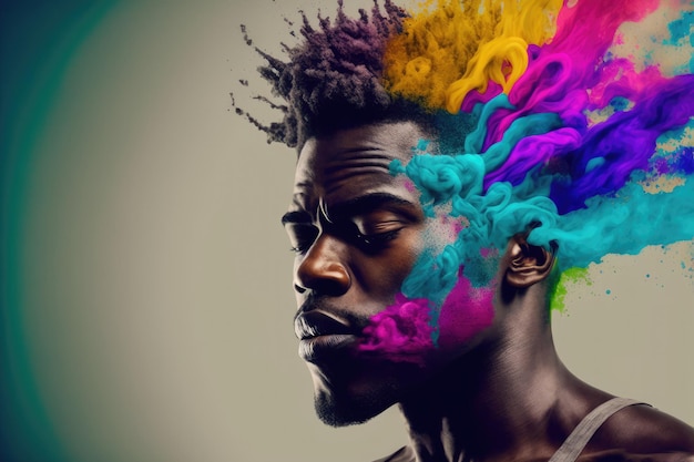 Young African American man with his head exploding in colorful paint powder