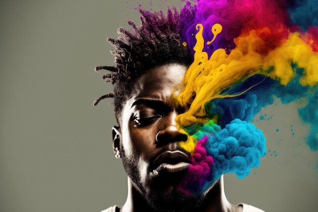 Young African American man with his head exploding in colorful paint powder