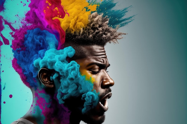 Young African American man with his head exploding in colorful paint powder