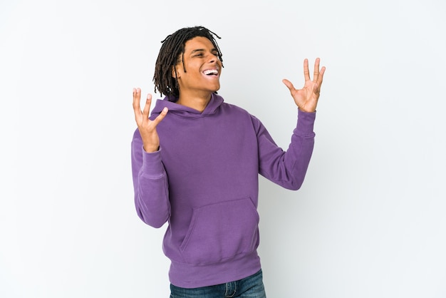 Young african american rasta man joyful laughing a lot