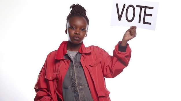 Young African American woman holding VOTE sign encouraging civic duty Black female voter Concept of elections personal empowerment voting citizen rights diversity Isolated on white backdrop