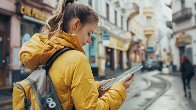 Photo a young african american woman is standing in a crowded train station using a tablet aig62