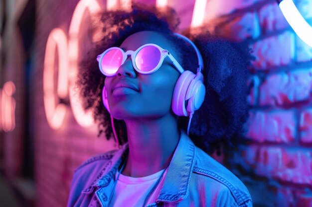 Photo young african american woman listening to music near neon sign