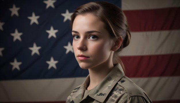 A young African American woman in military uniform with an American flag in the background