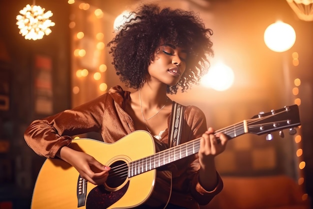 Young african american woman playing guitar on a stage