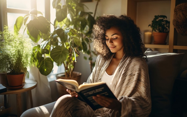 Young african american woman reading a book sitting by the window with many houseplants wellness