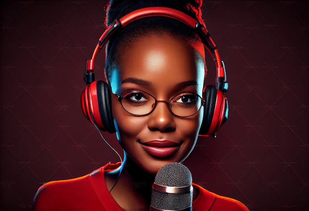 Young african american woman in red tshirt radio host with headphones and microphone portrait Generate Ai