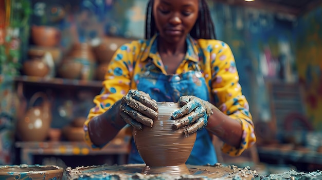 Photo young african american woman sculpting clay pot with hands in pottery