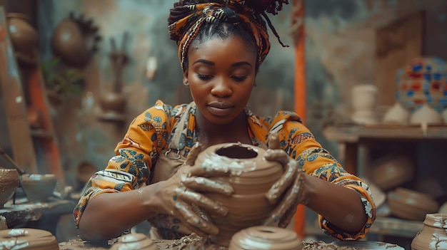 Photo young african american woman sculpting clay pot with hands in pottery