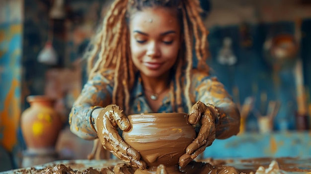 Photo young african american woman sculpting clay pot with hands in pottery