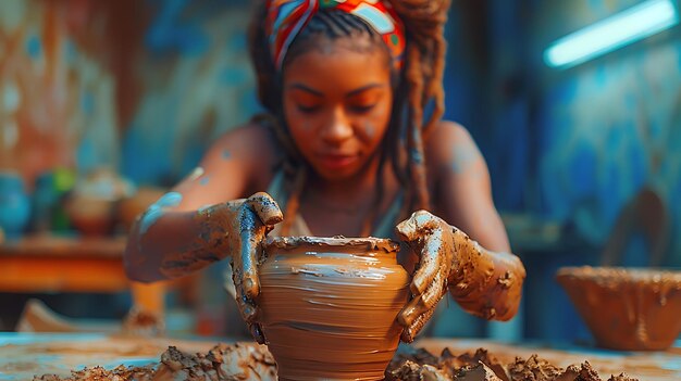 Photo young african american woman sculpting clay pot with hands in pottery