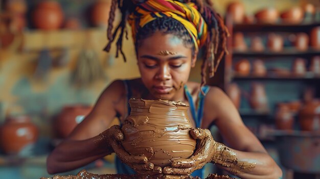 Photo young african american woman sculpting clay pot with hands in pottery