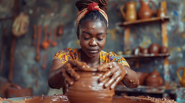 Photo young african american woman sculpting clay pot with hands in pottery