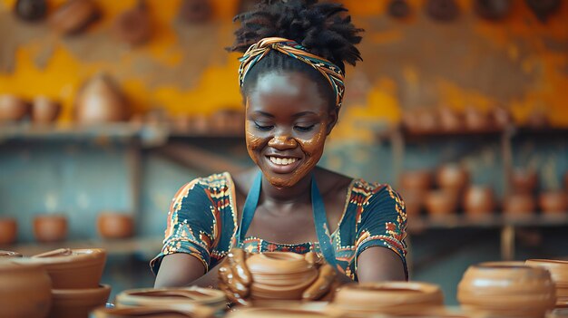 Photo young african american woman sculpting clay pot with hands in pottery