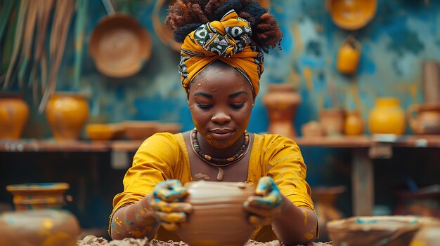 Photo young african american woman sculpting clay pot with hands in pottery