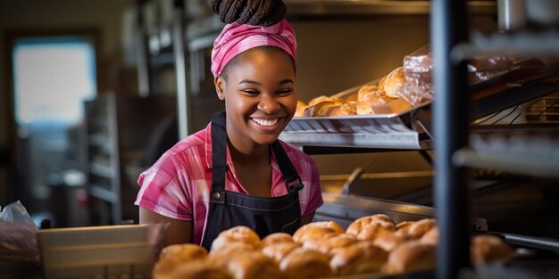 A young African American woman smiles while standing near shelves with bakery products in a bakery