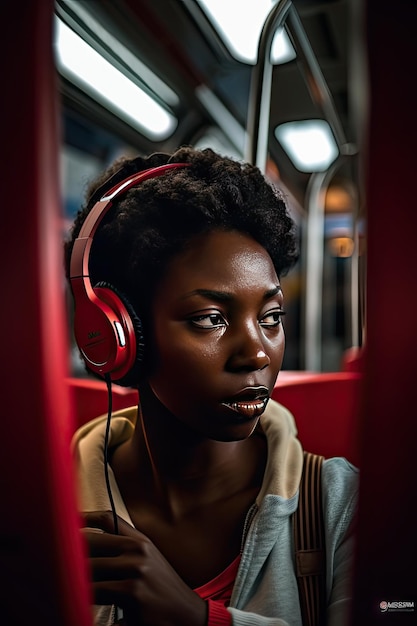 Young african american woman wearing earphones Black woman catching up on social media while in a bus during her morning commute ai generative