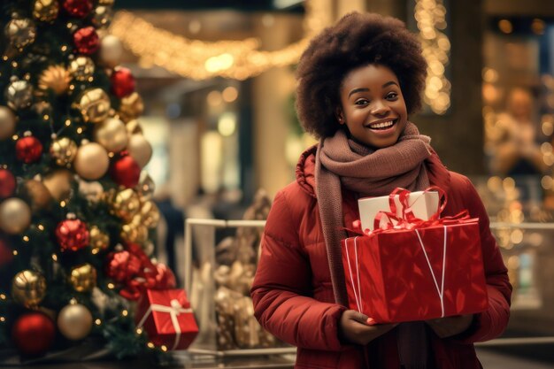 Young African American woman with a Christmas gift in a mall She in smiling and looking at camera Christmas sales concept