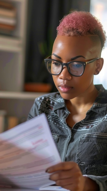 A young African American woman with pink hair sits at a desk wearing glasses and reviewing paperwork