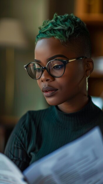 A young African American woman with teal hair and glasses focuses intently on documents while sitting indoors