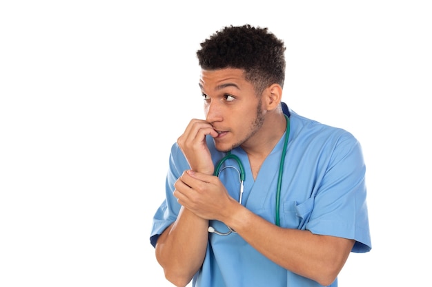 Young african doc with blue uniform isolated on a white background