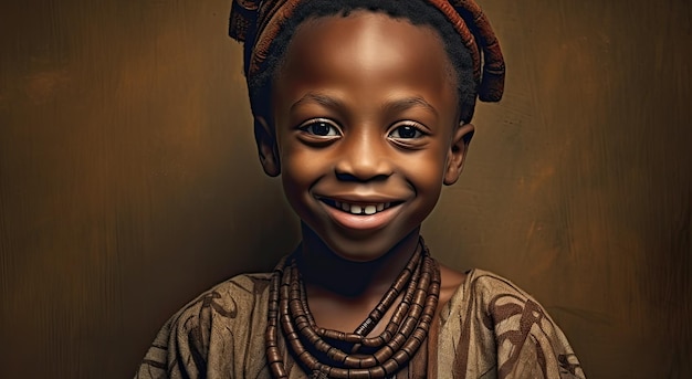 A young african girl is smiling and is wearing a brown shirt and brown pants.