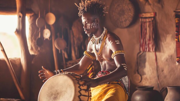 Photo young african man playing traditional drum in rustic hut he is wearing tribal jewelry and face paint