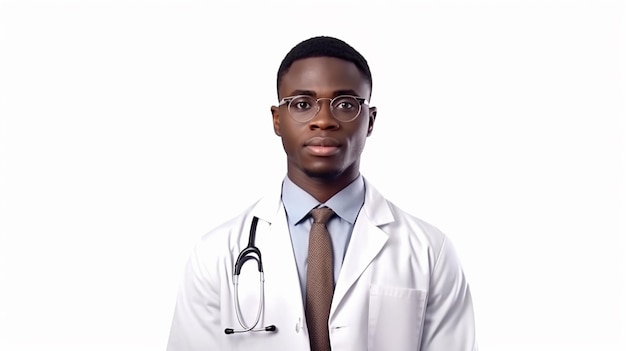 A young african man wearing glasses and a white lab coat