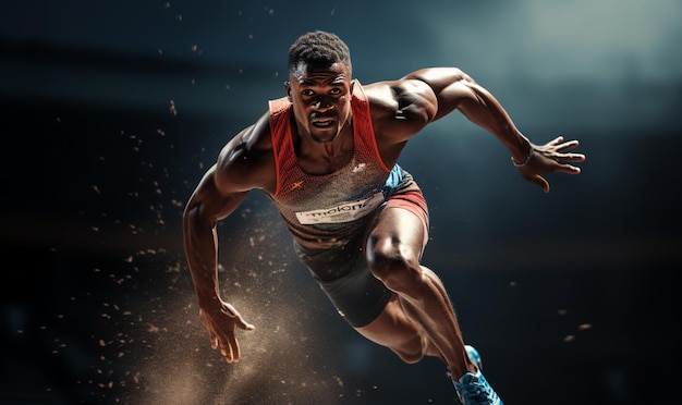 Young African muscular running and jumping Sport action pose in stadium running track background