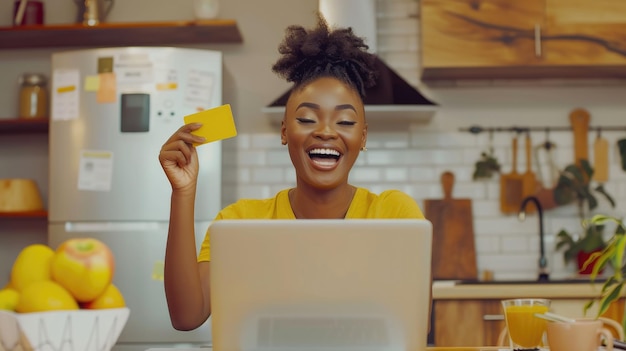 Young African Woman Celebrates Online Shopping Victory at Home