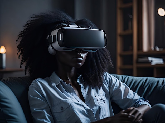 Young african woman front view wearing VR glasses ai generative