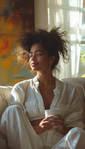 Young African Woman Relaxes with a Cup of Coffee in Modern Apartment