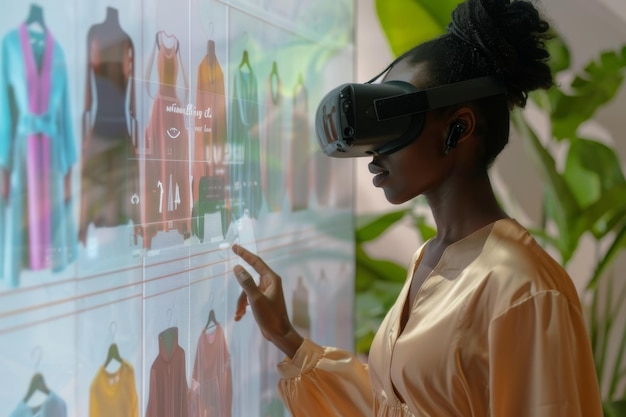 Photo a young african woman wearing a vr headset in a modern colorful setting experiencing advanced virtual reality technology