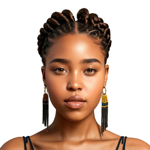 Photo young african woman with braided updo and tribal earrings adorable face pleasing eyes delighting