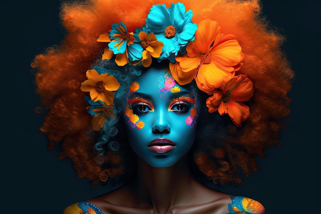 A young african woman with colorful makeup sits in a dark room inspired by pop art and flower power with dark orange and light azure tones Perfect for contemporary design Generative AI