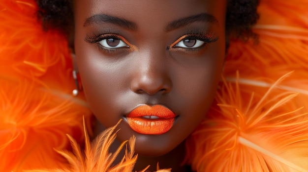 A young African woman with orange feathers and orange lips