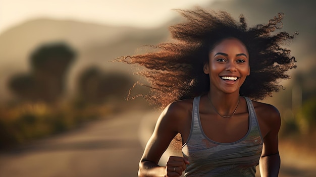 Young AfricanAmerican woman running alone on a highway copy space